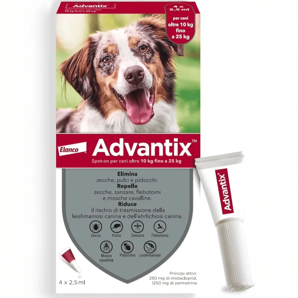 Confezione di Advantix Spot-on per cani da 10 a 25 kg contenente 4 pipette da 2,5 ml, colore fascia verde.