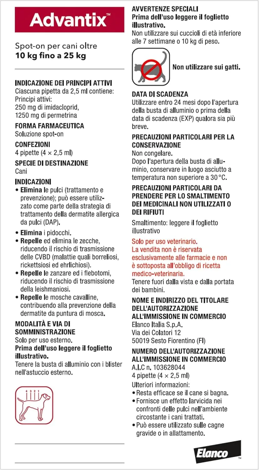Advantix – Spot-on Cani Taglia Media (10-25 kg) – Antiparassitario Completo 4 Pipette – Prevenzione Leishmaniosi - immagine 2