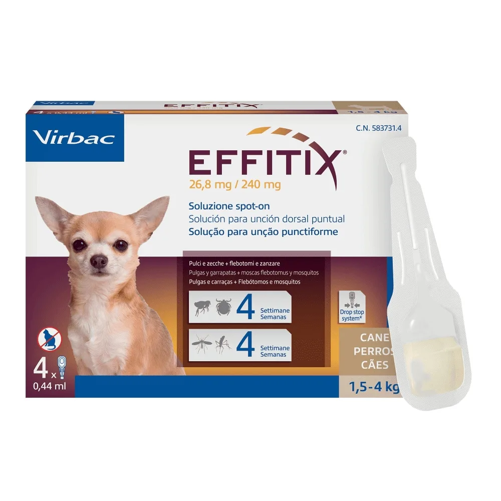 Confezione di Effitix Virbac Spot-on, antiparassitario esterno per cani con doppia azione insetticida e repellente.