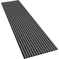 Parete rivestita con pannelli acustici Esseci a doghe di legno su feltro fonoassorbente nero, stile contemporaneo.