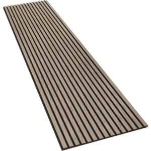 Pannello fonoassorbente Esseci con doghe in vero legno di rovere naturale montate su un pannello di feltro acustico nero a contrasto.
