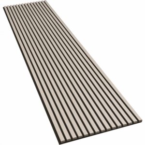 Pannello fonoassorbente di design Esseci con doghe in legno di noce naturale su base in feltro acustico nero.