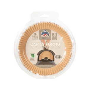 Fogli di carta forno tondi diametro 16 cm con bordi rialzati, specifici per friggitrici ad aria di piccolo formato, confezione da 50 pezzi.