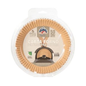 Fogli di carta forno tondi per friggitrice ad aria XL, diametro 23 cm con bordi alti, confezione da 50 unità.