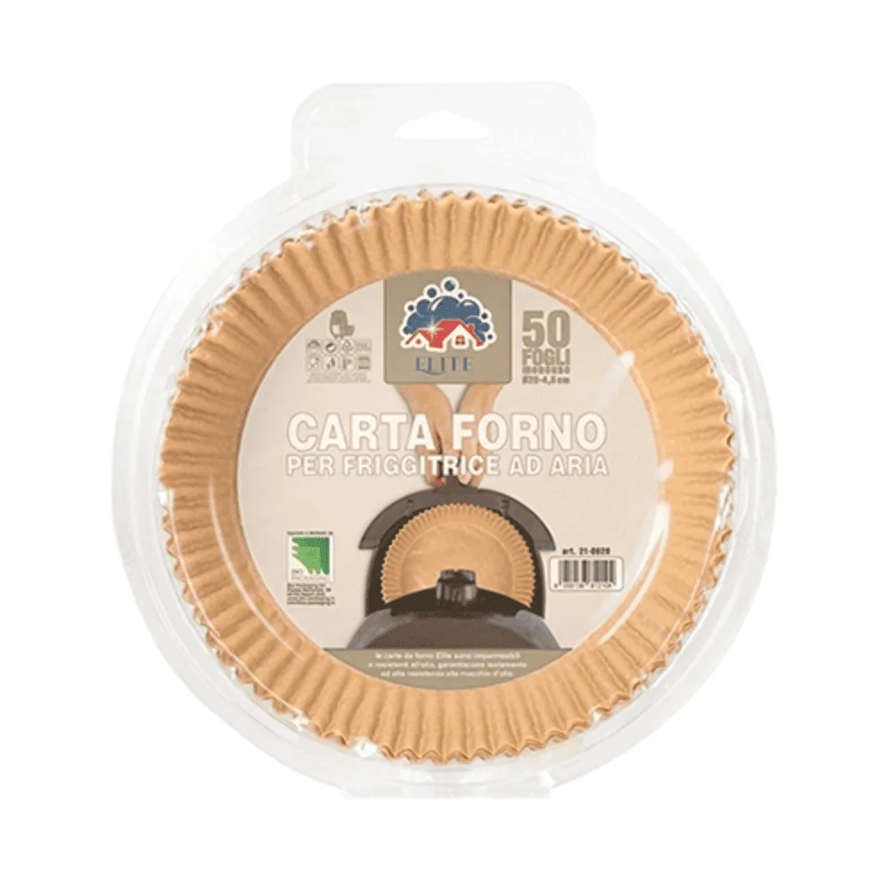 carta-forno-tonda-friggitrice-aria-23cm-xl.jpg Fogli di carta forno tondi per friggitrice ad aria XL, diametro 23 cm con bordi alti, confezione da 50 unità.