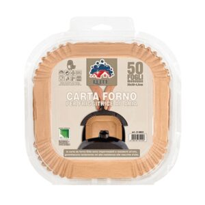 Fogli di carta forno quadrati 20x20 cm specifici per cestelli di friggitrici ad aria, antiaderenti e monouso.