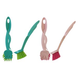Spazzola per lavare i piatti con impugnatura ergonomica verde tiffany e setole rosa confetto resistenti.