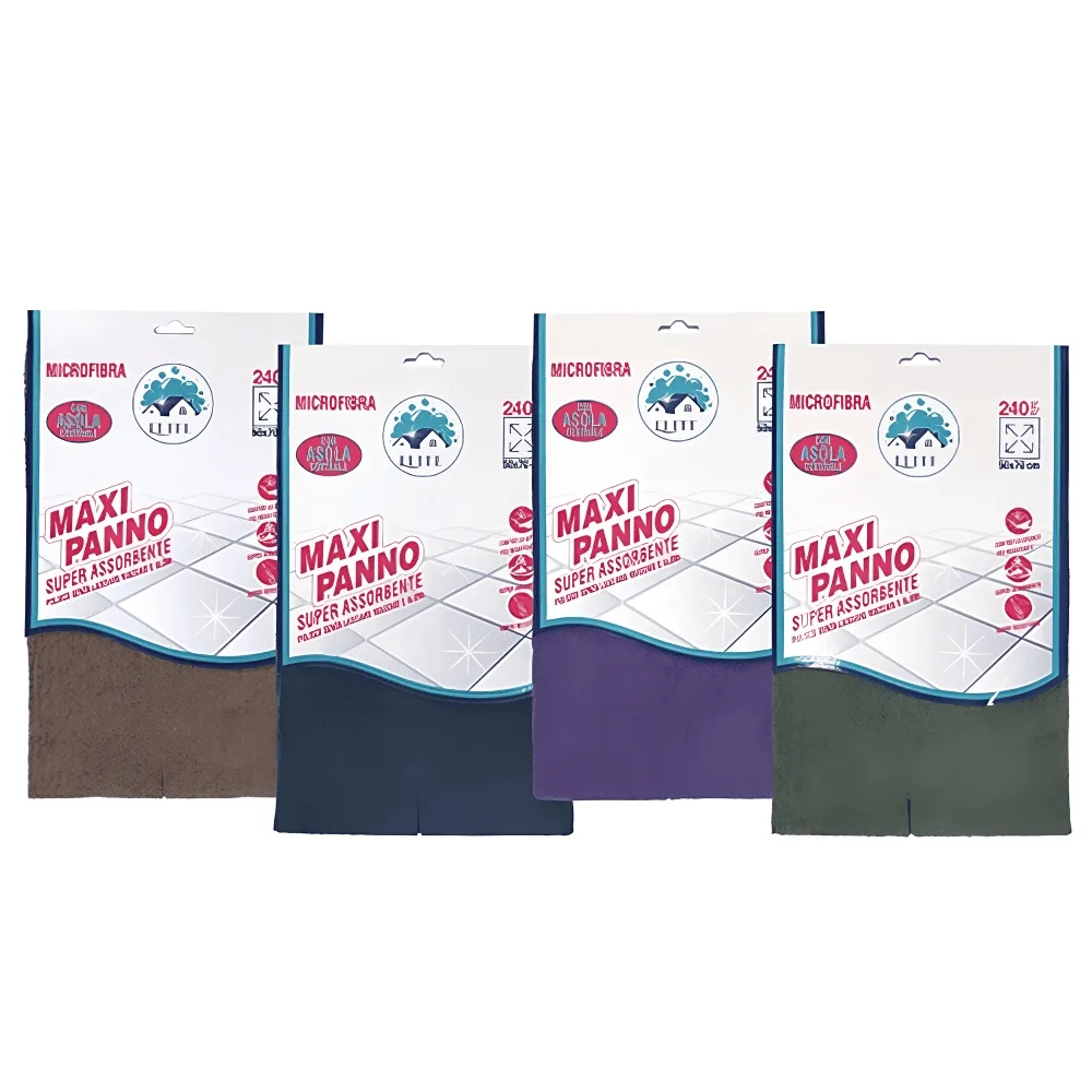Panno in microfibra di grandi dimensioni 50x70 cm con asola per appenderlo, disponibile in marrone, blu, viola e grigio.
