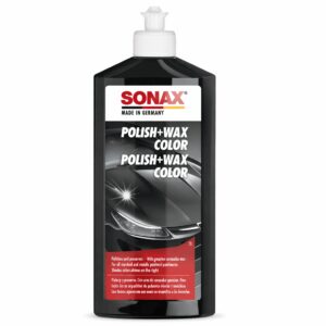 Flacone di polish nero Sonax 500 ml con pigmenti colorati per coprire i graffi su carrozzerie nere e scure.