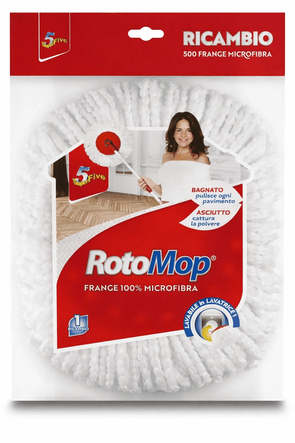 Testa di ricambio per mop Superfive in fibre di cotone ritorto bianco, attacco a vite universale.