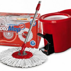 Kit Rotomop Superfive composto da secchio con centrifuga a pedale, manico telescopico e mop circolare in microfibra bianca.