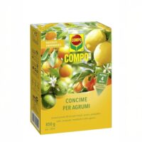 Confezione di concime granulare COMPO per agrumi da 850 g con misurino dosatore, ideale per piante in vaso e in piena terra.