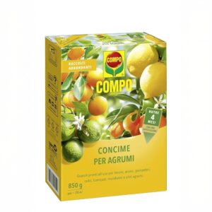 Confezione di concime granulare COMPO per agrumi da 850 g con misurino dosatore, ideale per piante in vaso e in piena terra.