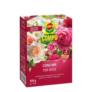 Confezione di concime granulare COMPO specifico per rose, con tecnologia a rilascio controllato per una nutrizione fino a 6 mesi.