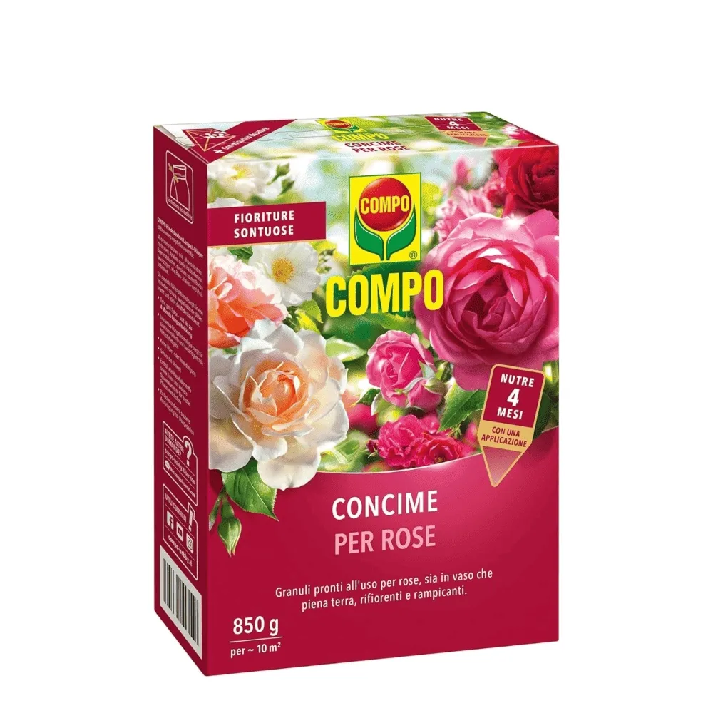 Confezione di concime granulare COMPO specifico per rose, con tecnologia a rilascio controllato per una nutrizione fino a 6 mesi.