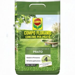 Confezione di concime COMPO Floranid Prato da 4 kg con granuli a lenta cessione Isodur® per una nutrizione professionale.