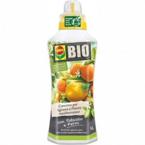 Flacone da 1 litro di concime liquido COMPO BIO per agrumi e piante mediterranee, con tappo dosatore e formulazione organica.