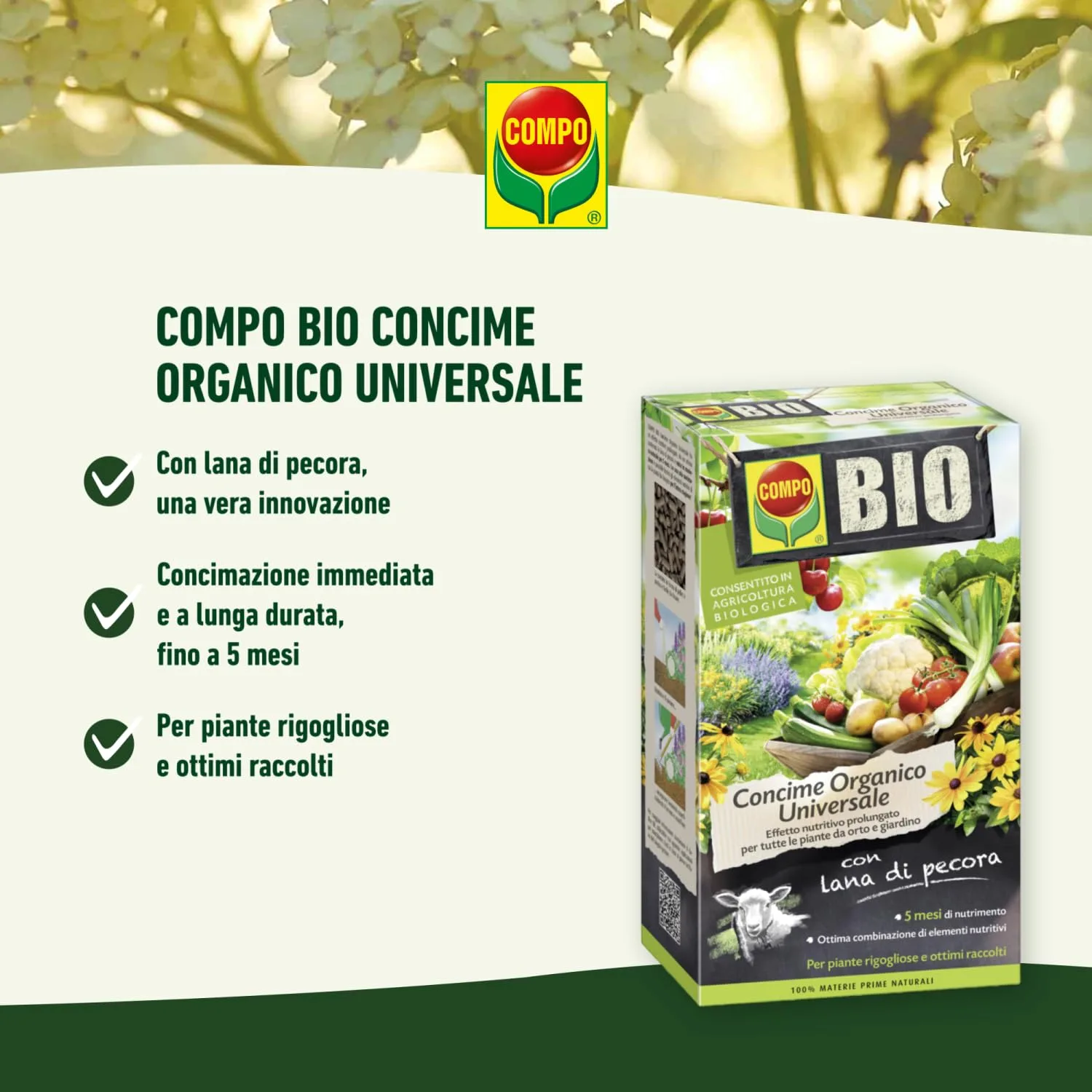 Compo Bio – Concime Organico Universale - 2 Kg - 100% Naturale - Consentito in Agricoltura Biologica - Per Orto, Fiori e Piante Verdi - immagine 2
