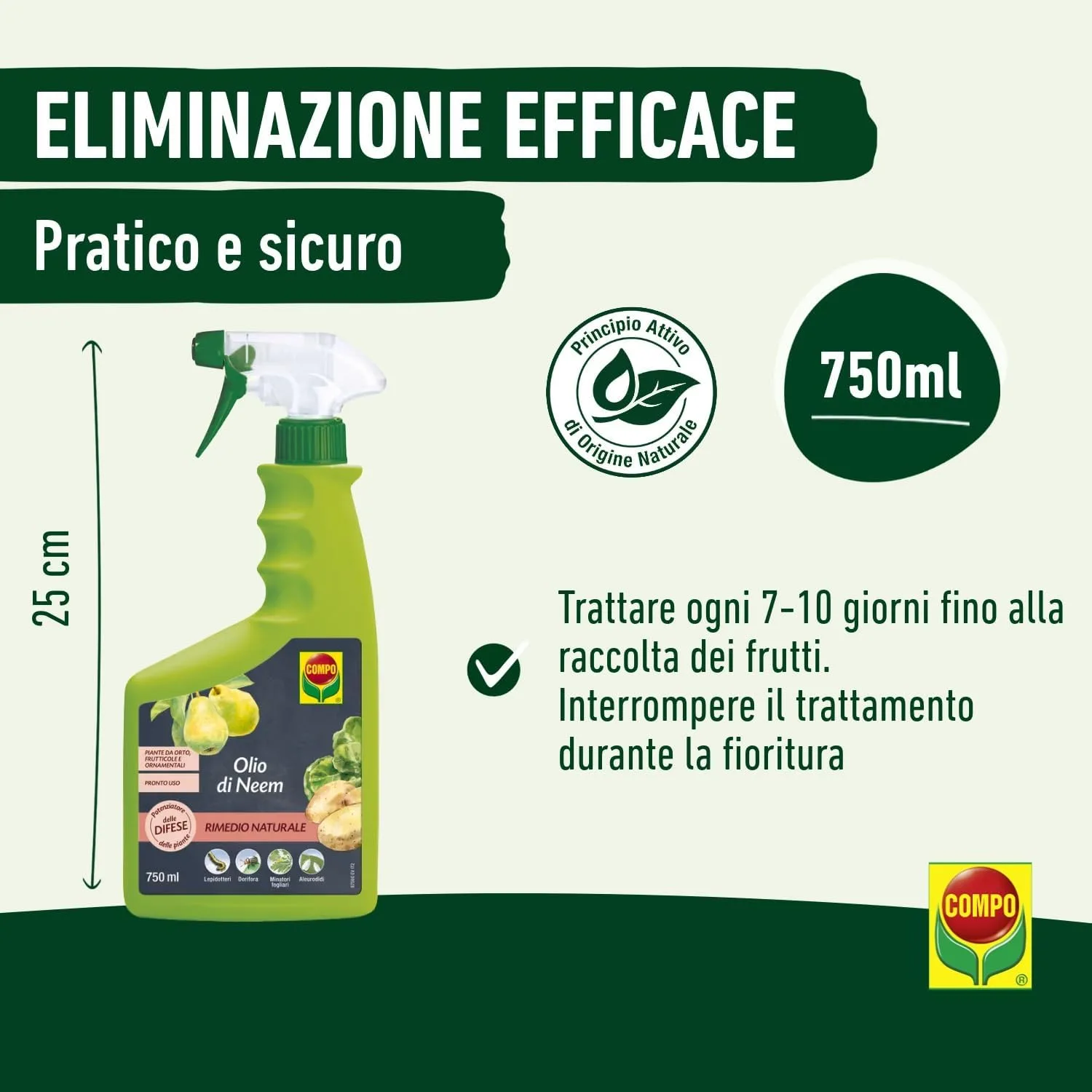 COMPO BIO –  Olio di Neem Pronto Uso - 750 ml - Protettivo Naturale per Piante e Fiori - 100% Vegetale - Consentito in Agricoltura Biologica - immagine 3