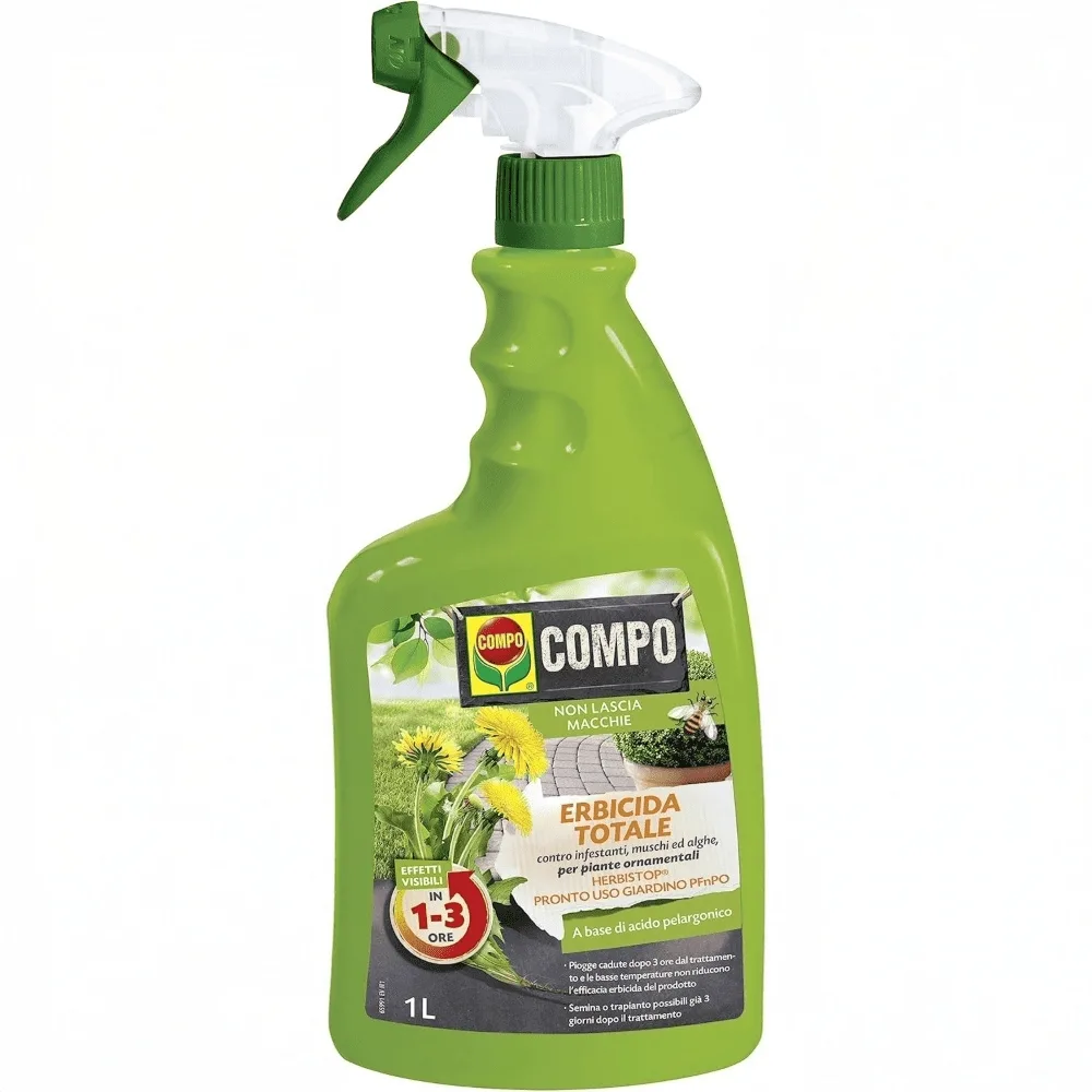 compo-herbistop-erbicida-naturale-acido-pelargonico.jpg Flacone spray da 750 ml di erbicida COMPO Herbistop pronto all'uso, efficace contro malerbe e muschio in contesti domestici.