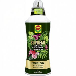Flacone da 1 litro di concime COMPO Supreme, caratterizzato dalla confezione nera premium e formula universale per piante verdi e fiorite.