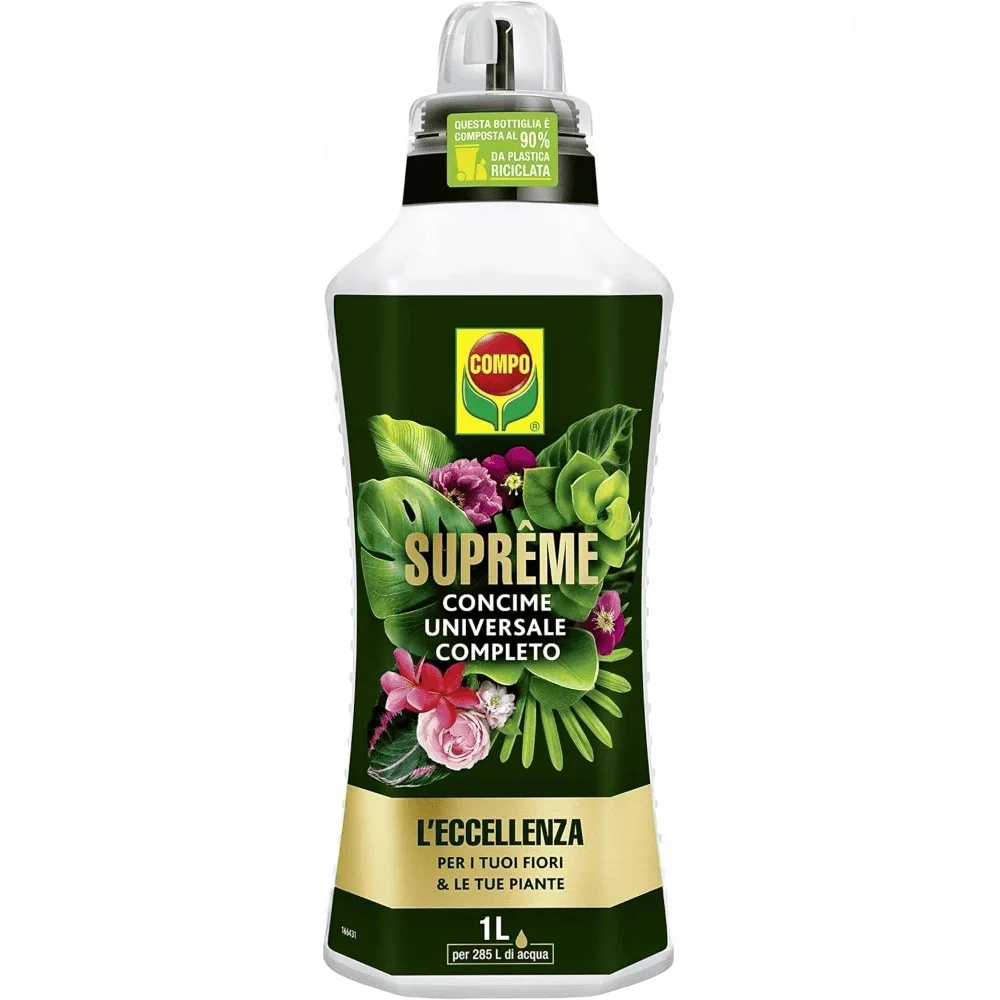 compo-supreme-concime-universale-liquido-premium.jpg Flacone da 1 litro di concime COMPO Supreme, caratterizzato dalla confezione nera premium e formula universale per piante verdi e fiorite.