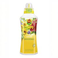 Flacone da 1 litro di concime universale COMPO arricchito con guano naturale, ideale per piante da balcone, appartamento e giardino.