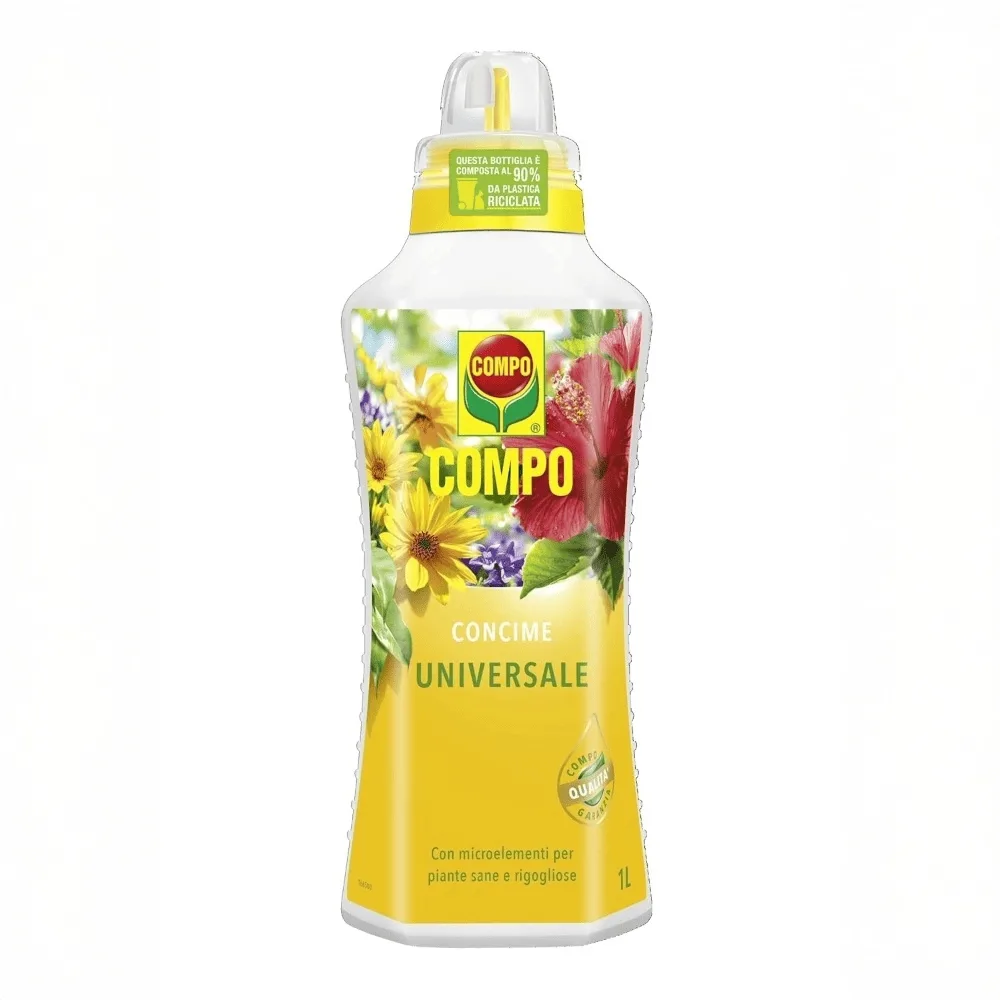 compo-concime-universale-liquido-guano.jpg Flacone da 1 litro di concime universale COMPO arricchito con guano naturale, ideale per piante da balcone, appartamento e giardino.