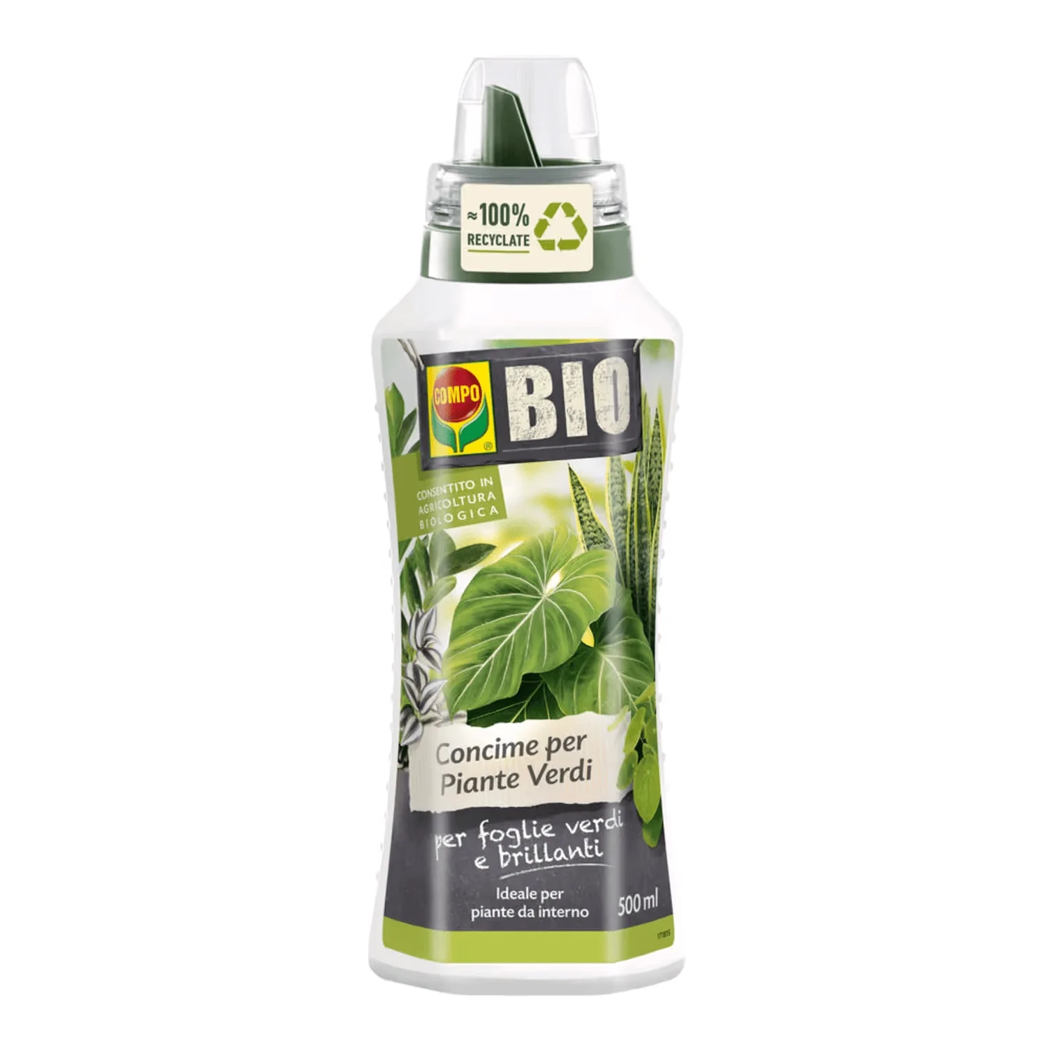 compo-bio-concime-liquido-piante-verdi-interno.jpg Flacone da 1 litro di concime organico COMPO BIO specifico per piante verdi da appartamento, con estratto vegetale per foglie brillanti.
