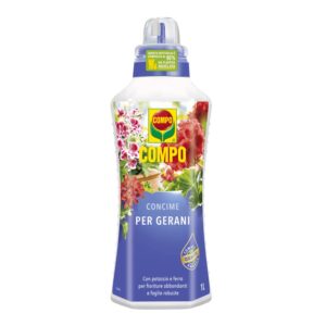 Flacone da 1 litro di concime specifico COMPO per gerani (Pelargonium), ideale per piante da balcone e terrazzo con formula rinforzata.