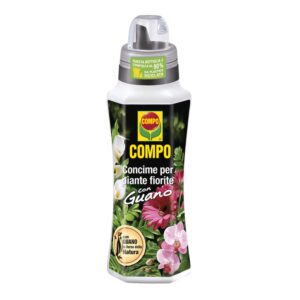 Flacone da 1 litro di concime specifico COMPO per piante fiorite con guano naturale, ideale per balconi e appartamenti.