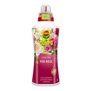 Flacone da 1 litro di concime specifico COMPO per rose, ideale per varietà a cespuglio, rampicanti e in vaso.