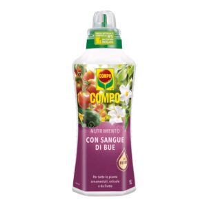 Flacone da 1 litro di concime liquido COMPO contenente sangue di bue, specifico per il recupero di piante ingiallite o deboli.