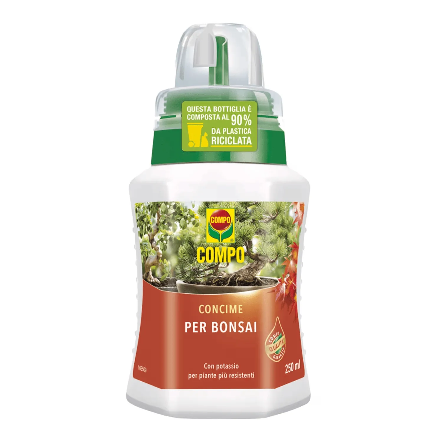Flacone da 250 ml di concime specifico COMPO per bonsai, ideale per varietà da interno come il Ficus e da esterno come Aceri e Pini.