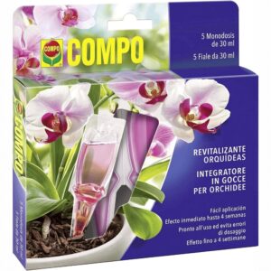 Confezione di fiale monodose COMPO per la nutrizione delle orchidee, pronte all'uso per inserimento diretto nel vaso.