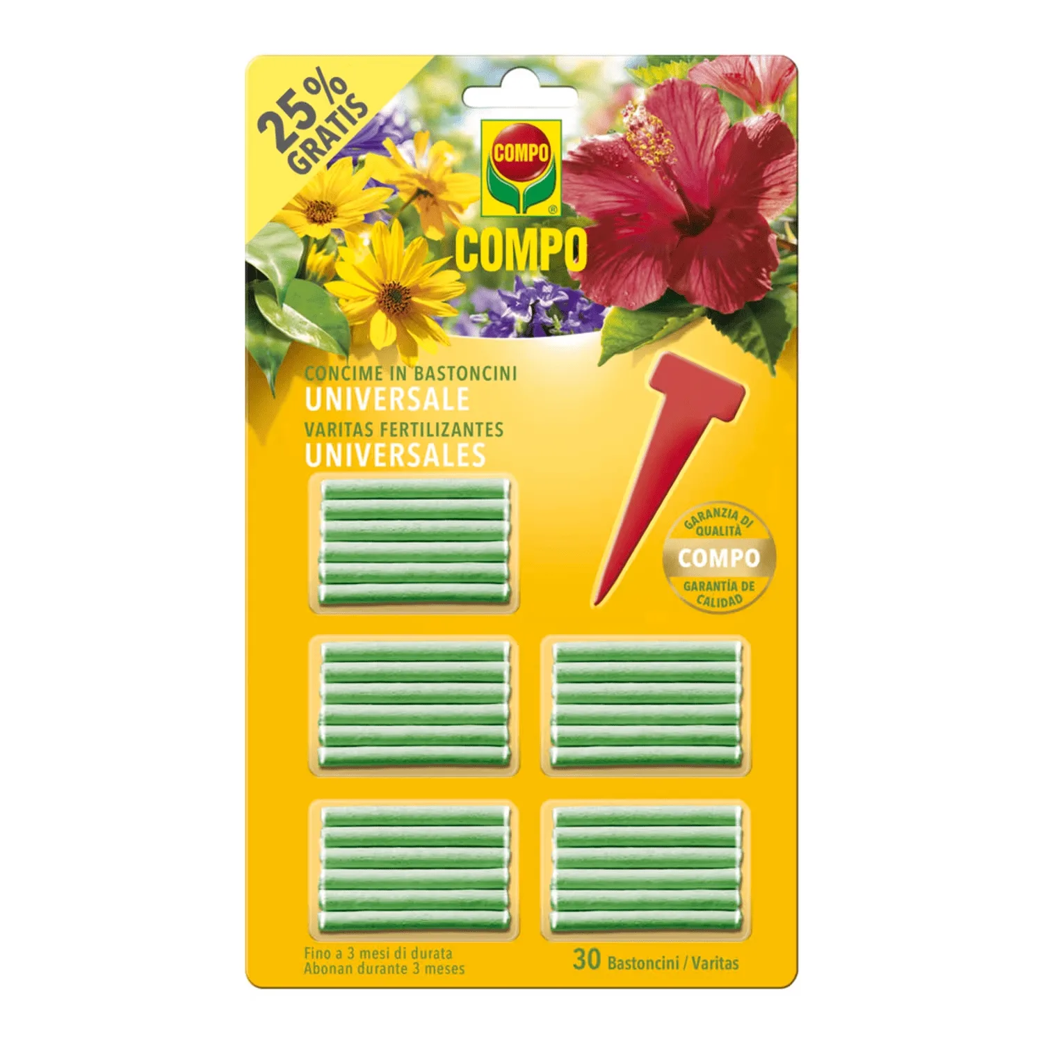 compo-bastoncini-concime-universale-3-mesi.jpg Confezione da 30 bastoncini di concime universale COMPO per vasi, pronti all'uso per piante da appartamento e balcone.