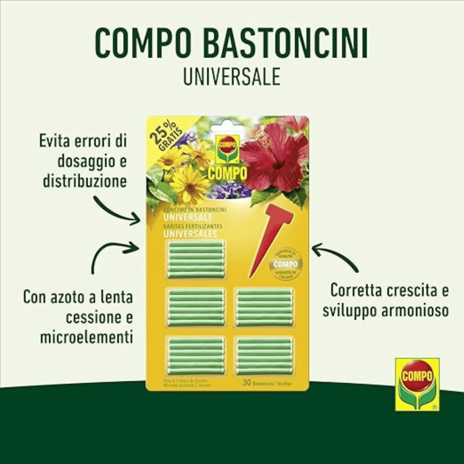 Compo – Concime in Bastoncini Universali - 30 Pezzi - Nutre fino a 3 Mesi - Per Piante Verdi e Fiorite - Facile e Pulito - immagine 2