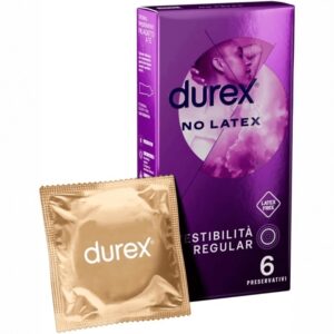 Confezione da 6 profilattici Durex No Latex, realizzati in materiale sintetico anallergico per una protezione sicura senza lattice.
