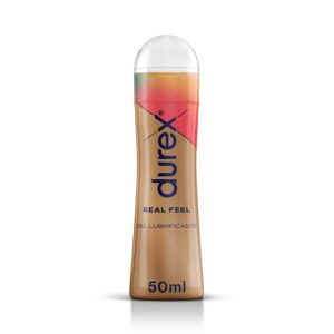Flacone da 50 ml di gel lubrificante Durex Real Feel, formula vellutata a base siliconica per un benessere prolungato.