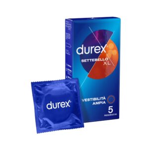 Confezione da 5 profilattici Durex Settebello XL, design extra large per un comfort ottimale e una protezione sicura.