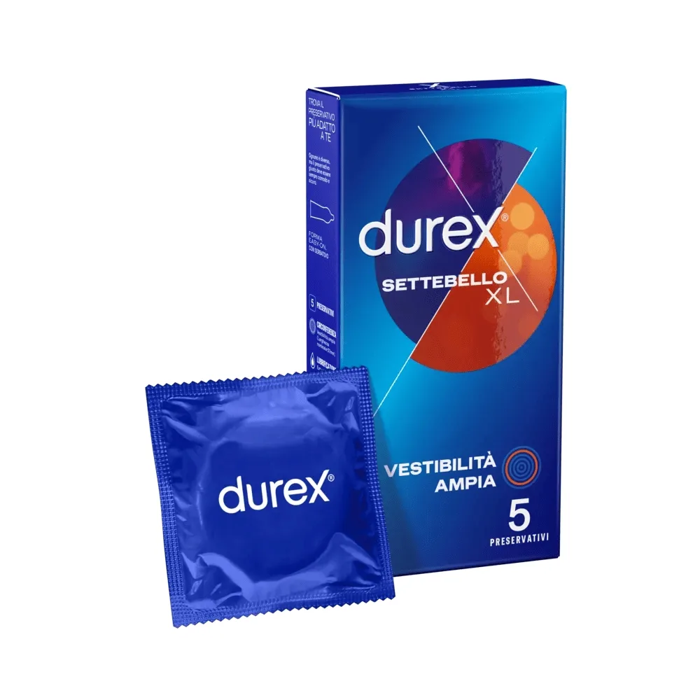 Confezione da 5 profilattici Durex Settebello XL, design extra large per un comfort ottimale e una protezione sicura.