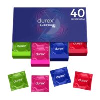 Confezione Durex Surprise Me contenente 20 profilattici assortiti tra versioni stimolanti, sottili e aromatizzate per un'esperienza varia.
