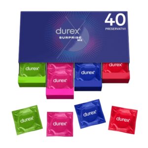 Confezione Durex Surprise Me contenente 20 profilattici assortiti tra versioni stimolanti, sottili e aromatizzate per un'esperienza varia.