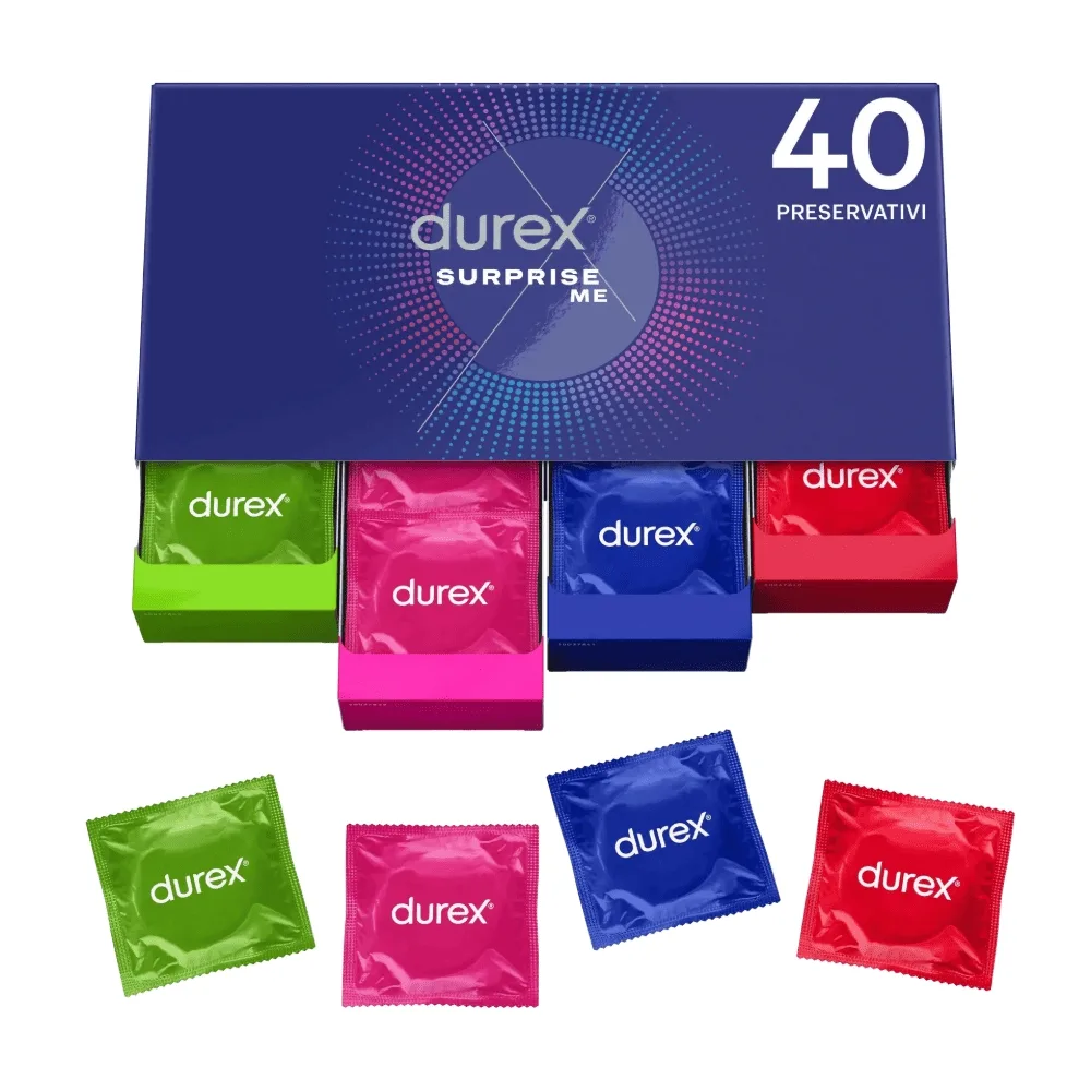 durex-surprise-me-mix-assortimento-20-preservativi.jpg Confezione Durex Surprise Me contenente 20 profilattici assortiti tra versioni stimolanti, sottili e aromatizzate per un'esperienza varia.