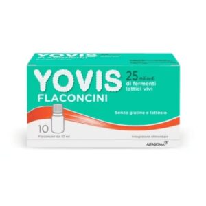 Confezione di Yovis Flaconcini, integratore alimentare ad alta concentrazione di fermenti lattici vivi per il benessere intestinale.