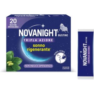 Confezione di Novanight Tripla Azione in bustine solubili, integratore alimentare per favorire il sonno e il benessere notturno.