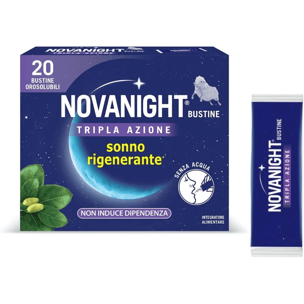 Confezione di Novanight Tripla Azione in bustine solubili, integratore alimentare per favorire il sonno e il benessere notturno.