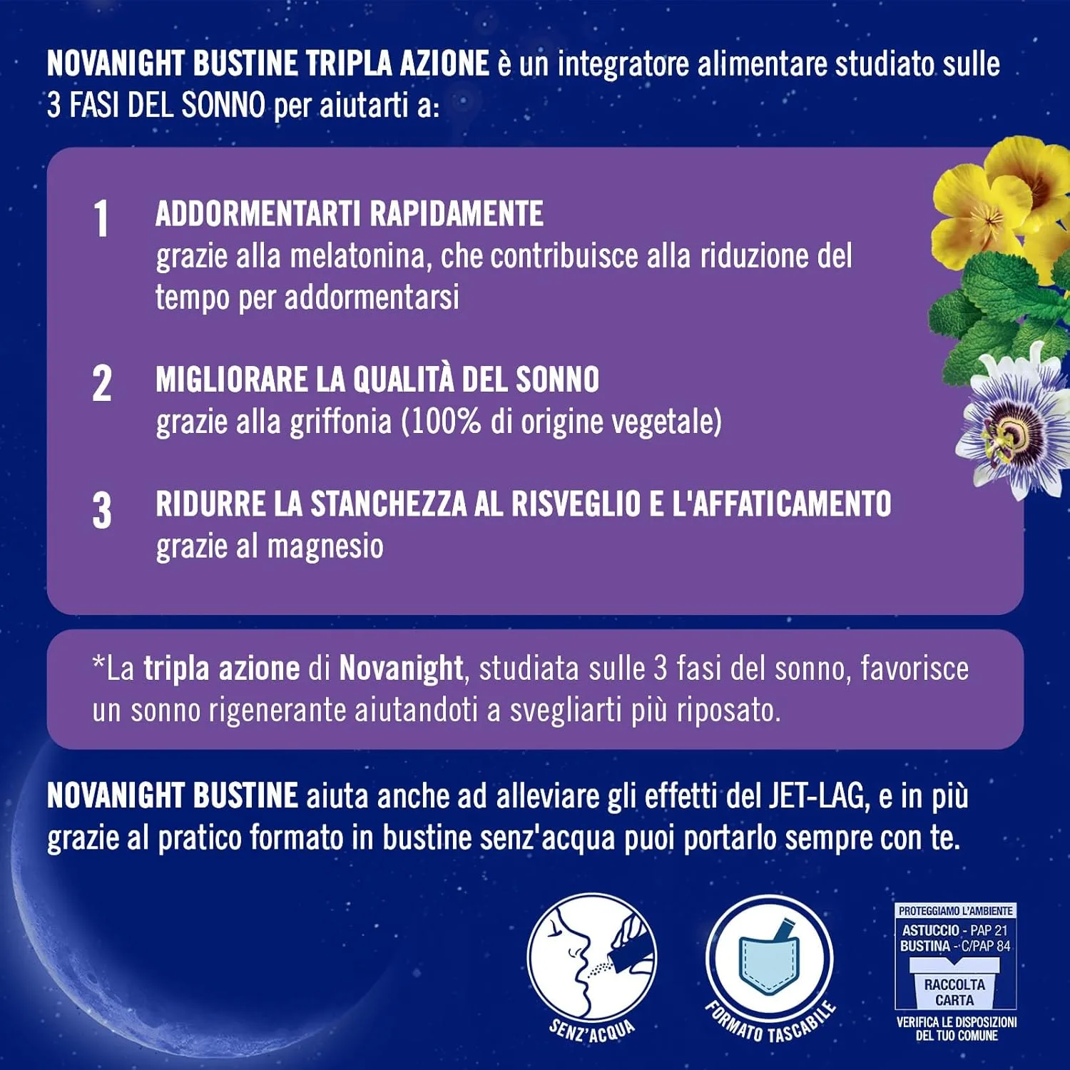 Novanight Tripla Azione - 20 Bustine – Formato in Bustine Solubili - Integratore per il Sonno - Favorisce Addormentamento e Qualità del Riposo - immagine 4