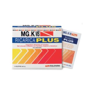 Confezione di MGK Vis Ric Plus, integratore di magnesio e potassio in bustine, ideale per contrastare la stanchezza fisica.