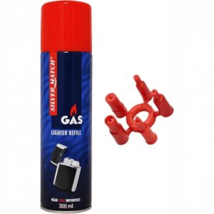 Bombola di gas universale per ricarica accendini, formato 300ml, con ugelli adattatori.